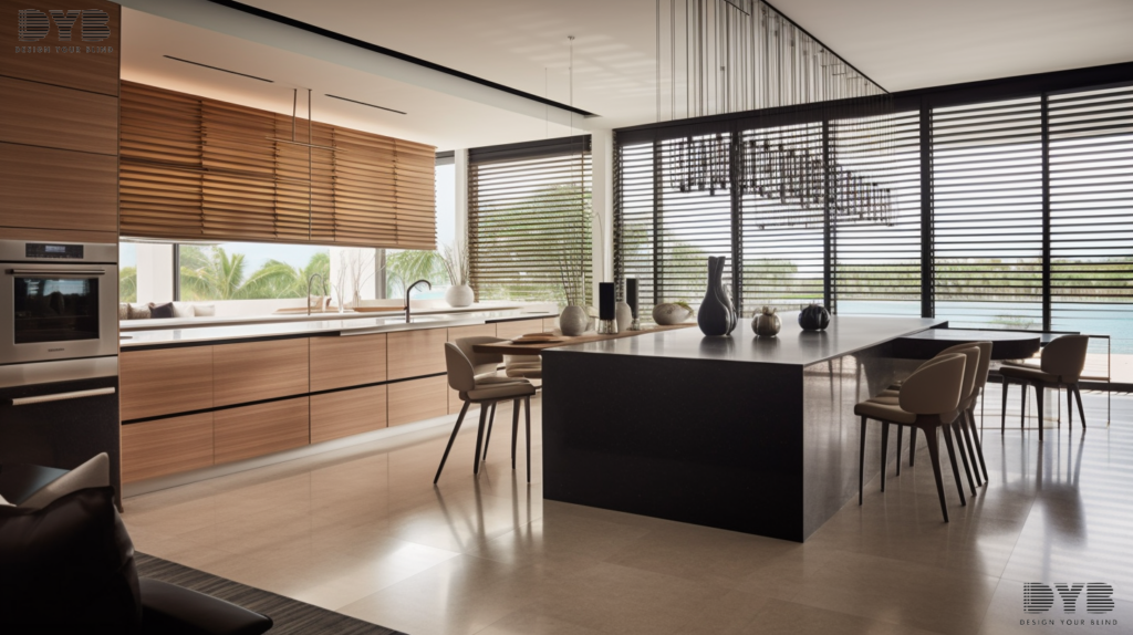 A modern kitchen in West Palm Beach, Florida, featuring Cellular Shades that provide energy efficiency and a stylish design.