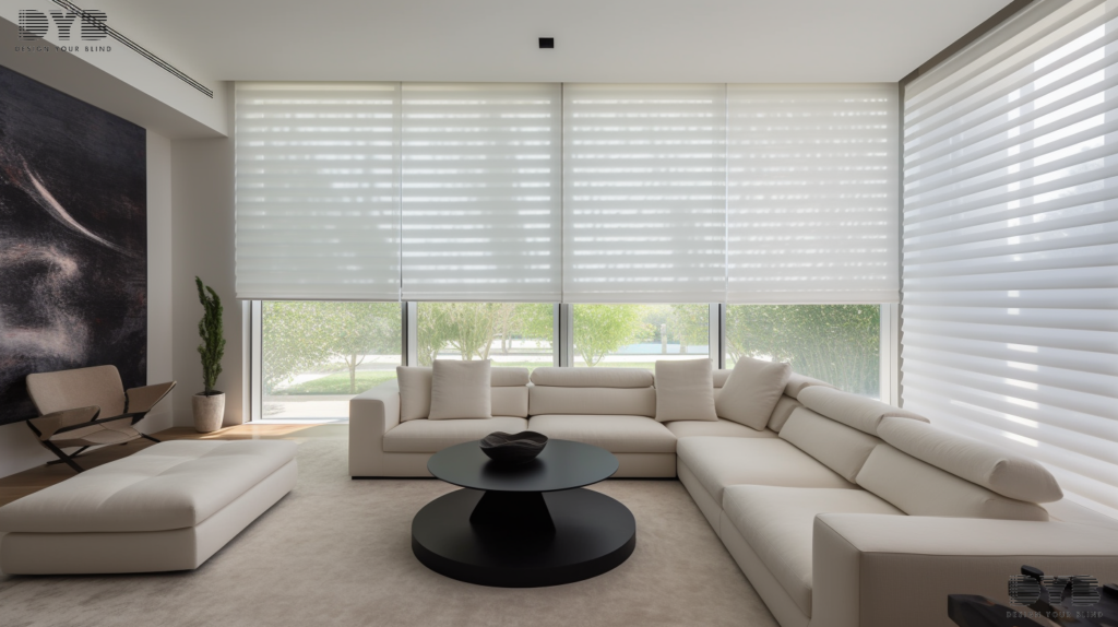 A living room in Palm Beach Gardens, FL with motorized shades, a white sectional sofa, a glass coffee table, and a modern sculpture.