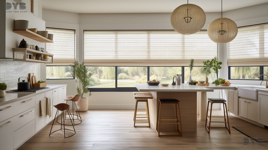 Roller Shades in a cream color, partially closed, in a kitchen with a view of the canals in Parkland, FL.