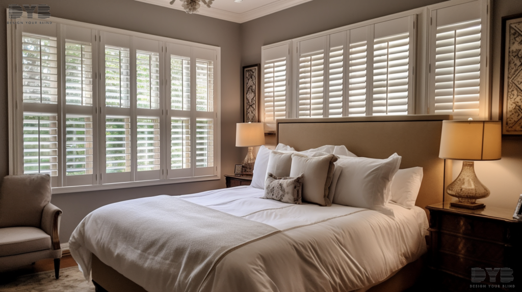 A bedroom in Palm Beach Gardens, FL with plantation shutters, a king-sized bed, and matching nightstands.
