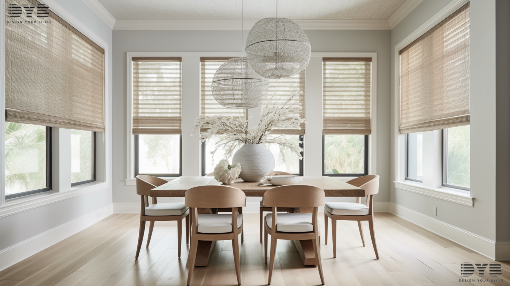 Roller Shades in a light wood color, partially closed, in a dining room with a backyard view in Parkland, FL.