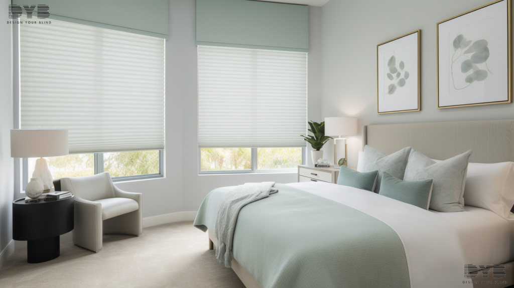 Roller Shades in a light blue color, partially closed, in a guest bedroom with a lake view in Parkland, FL.
