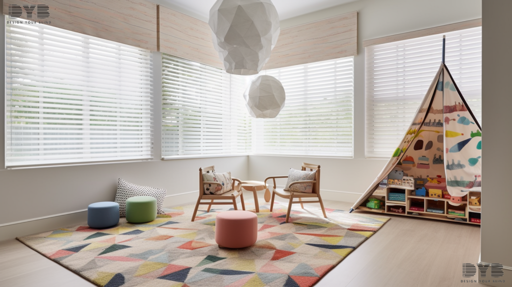 A Playroom in Boca Raton, FL, with large windows fitted with partially closed Screen Roller Shades, showcasing a contemporary design aesthetic and a playful atmosphere.