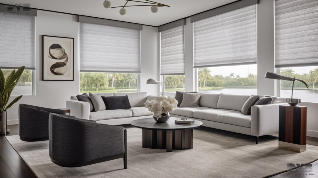 A Family Room in Boca Raton, FL, with large windows fitted with fully closed Solar Roller Shades, showcasing a Modern design aesthetic and a tranquil atmosphere.