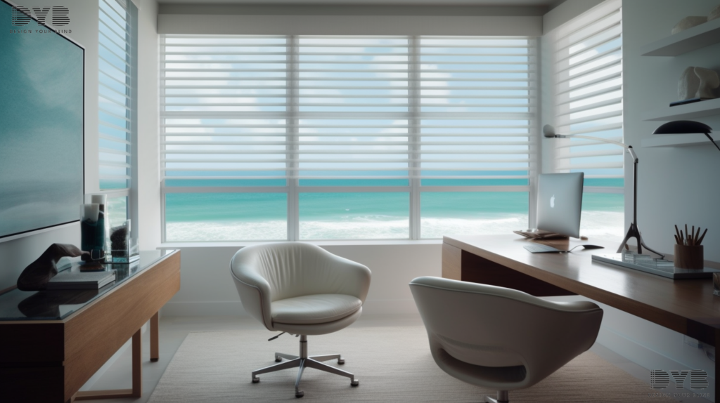 A contemporary home office in West Palm Beach, Florida, featuring Cellular Shades that provide a calm and productive work environment.