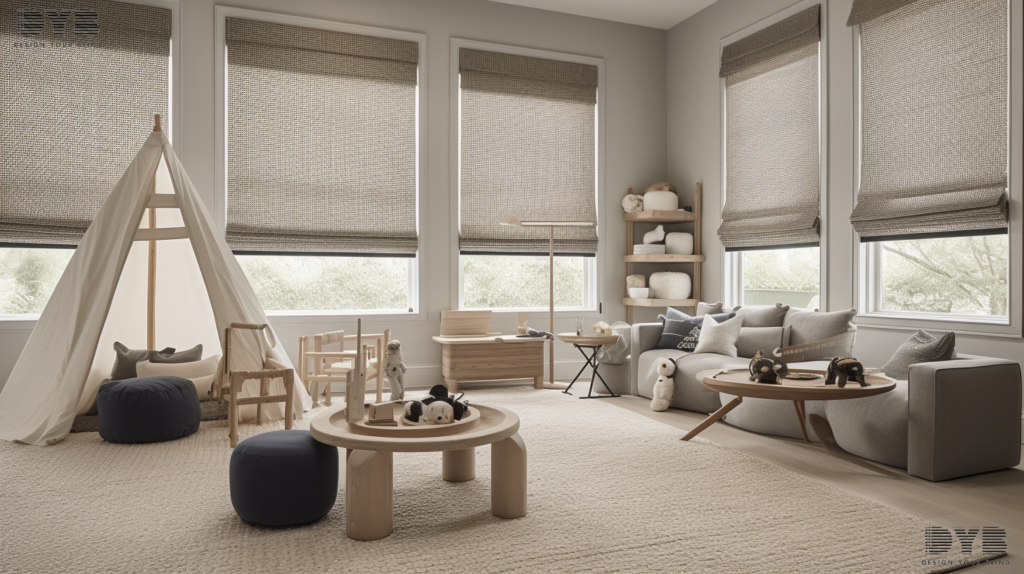 A Playroom in Boca Raton, FL, with large windows fitted with fully closed Woven Wood Shades, showcasing a contemporary design aesthetic and a welcoming atmosphere.
