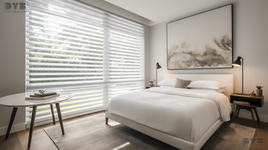Boca Raton bedroom with Zebra Shades, creating a tranquil haven with soft, filtered light.
