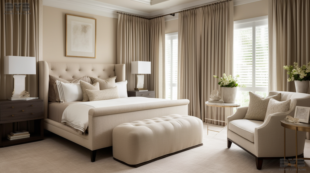 Pinch pleat curtains in a bedroom in Parkland, Florida, with a king-size bed and a sitting area