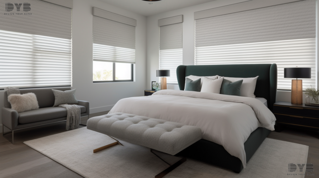 Blackout Honeycomb Shades in a modern bedroom in Delray Beach with a garden view