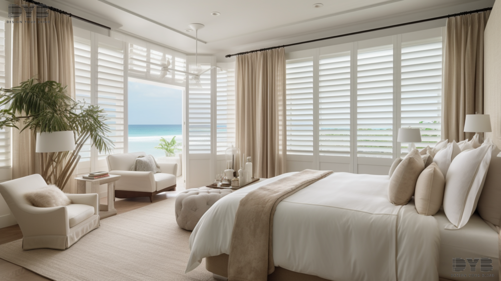 A luxurious Delray Beach bedroom featuring plantation shutters and linen curtains