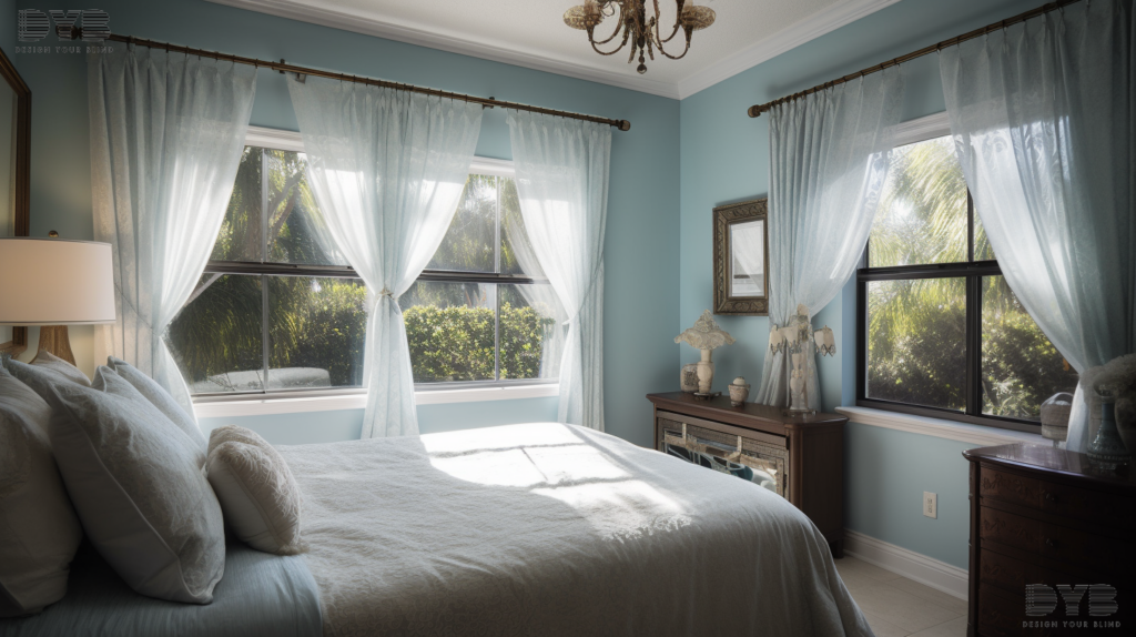 A cozy Delray Beach bedroom featuring sheer curtains