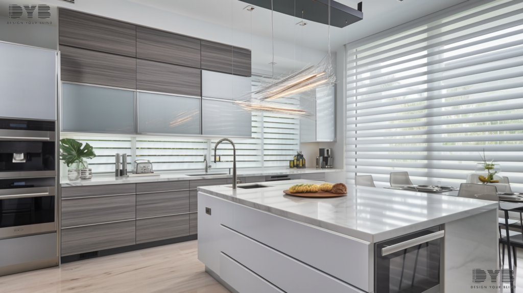 A modern Delray Beach kitchen with Motorized Zebra Shades