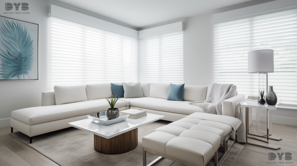 A chic Delray Beach living room with Designer Banded Shades