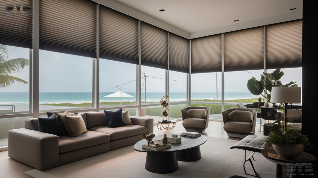 A spacious Delray Beach living room with Motorized Honeycomb Shades