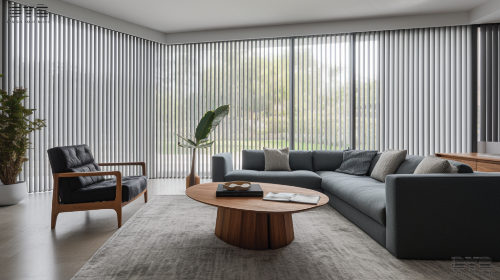 Living room with motorized vertical blinds in Delray Beach, Florida