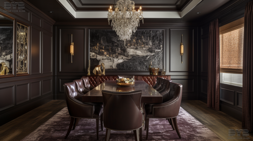 Pinch pleat curtains in a dining room in Parkland, Florida, with a mahogany dining table and leather chairs