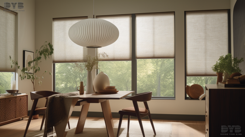 Honeycomb Shades in a modern Casual Dining Room in Palm Beach Gardens with a canal view