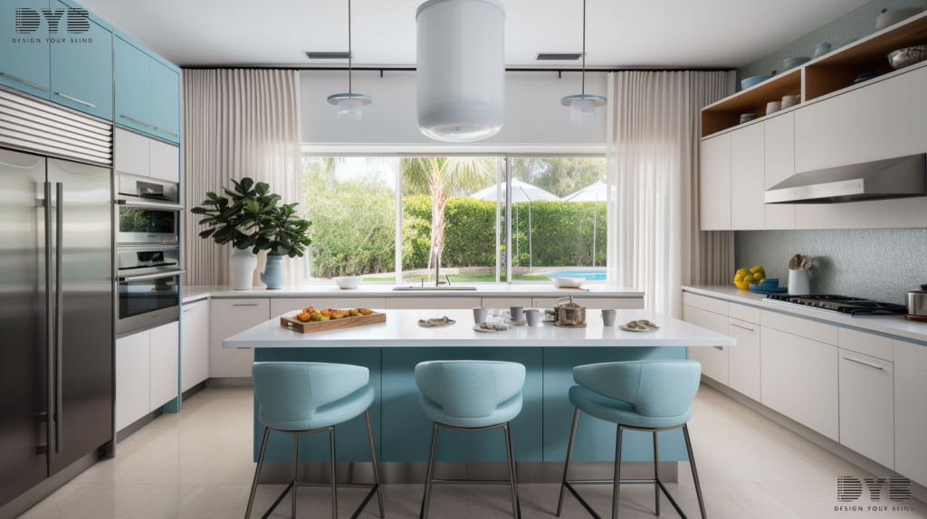 Pinch pleat curtains in a kitchen in Parkland, Florida, with a large island and modern appliances