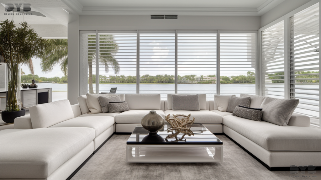 A modern living room in Parkland, Florida, with Plantation Shutters, a white sectional sofa, a glass coffee table, and a view of the Intercoastal Waterway.