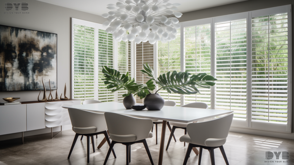 A dining room in Parkland, Florida, with Plantation Shutters, a dining table, and chairs, and a view of a garden.