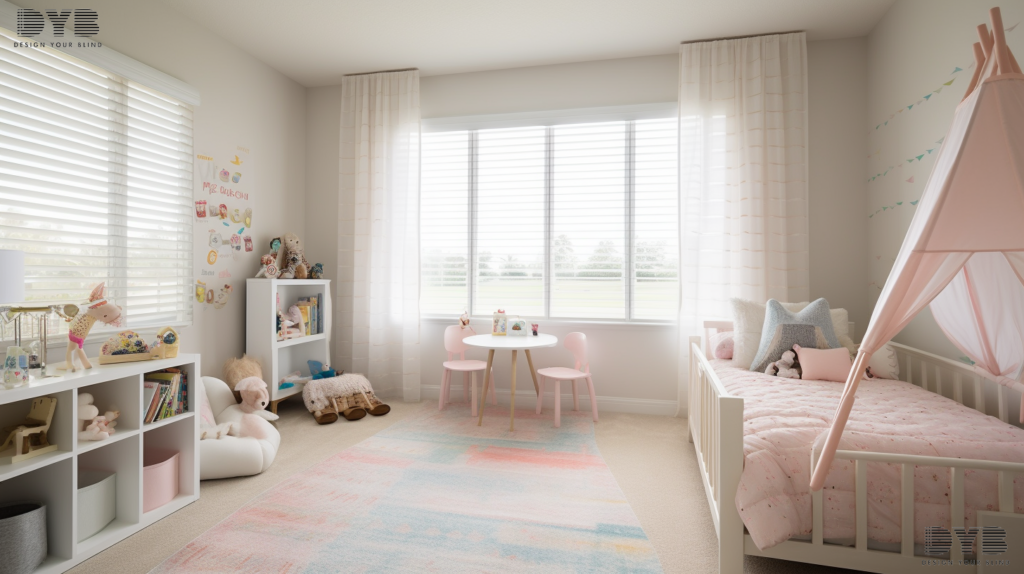 A transitional kids bedroom in Parkland, FL, features a large window with a set of sheer curtains, partially drawn, allowing soft, diffused light to filter through, creating a calming atmosphere.