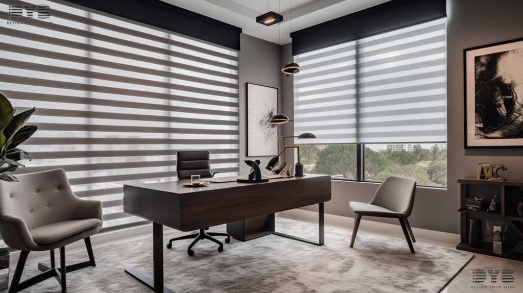 An urban modern home office in Parkland, FL, features a large window with a set of blackout roller shades, partially closed, allowing for a soft, diffused light to filter through, creating a calming and focused atmosphere.