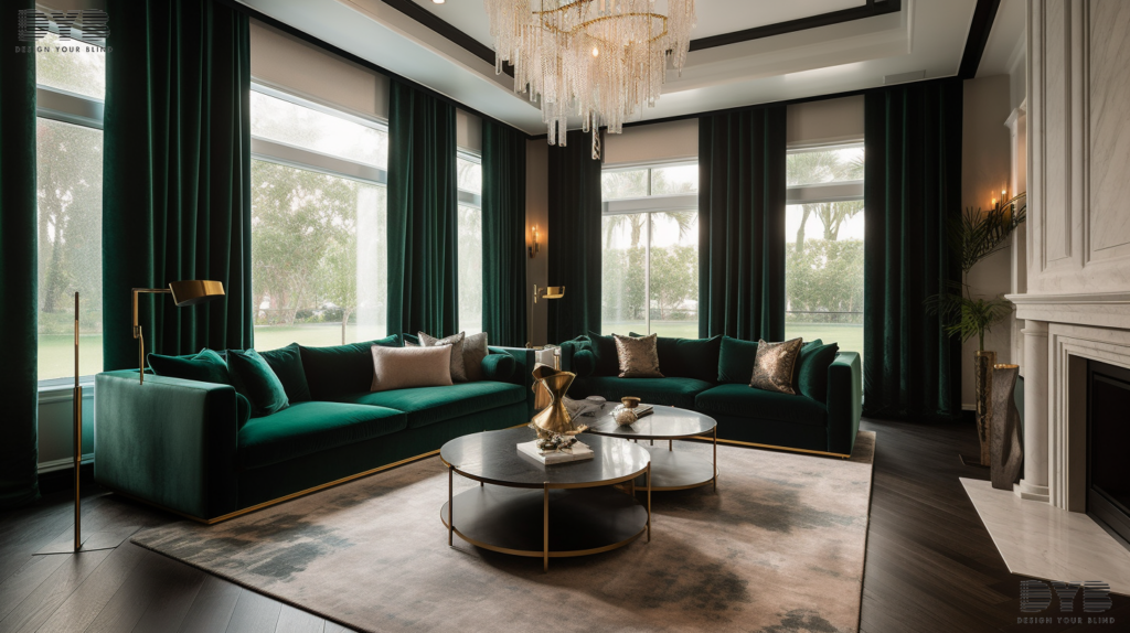 Pinch pleat curtains in a living room in Parkland, Florida, with a fireplace and a plush velvet sectional sofa