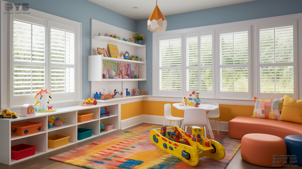 A playroom in Parkland, Florida, with Plantation Shutters, colorful toys, and a view of the canal.