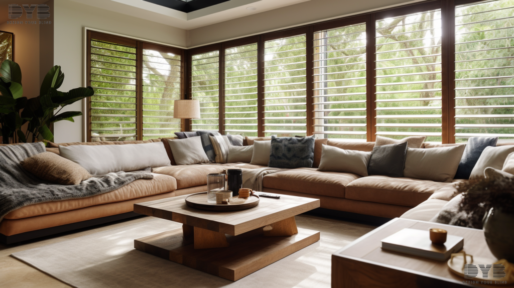 A family room in Parkland, Florida, with Plantation Shutters, a sectional sofa, a coffee table, and a view of a backyard.