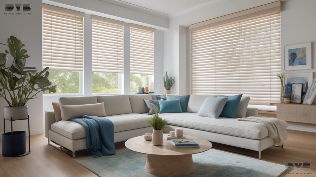 A Boca Raton living room with Fauxwood Blinds.