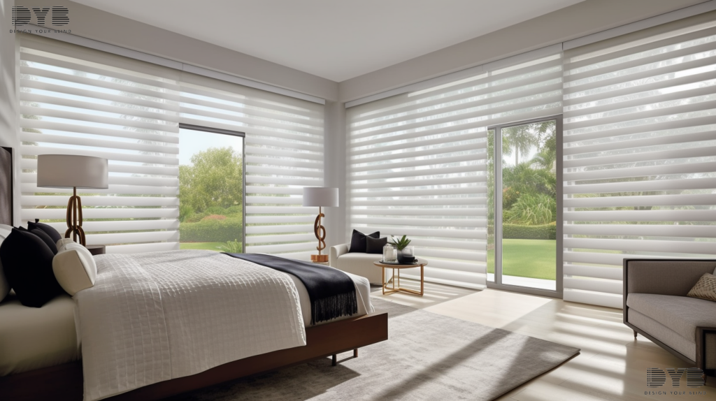 Boca Raton master bedroom with Zebra Shades overlooking a pool.