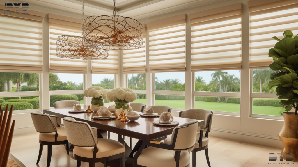 Boca Raton dining room with Zebra Shades overlooking a garden.