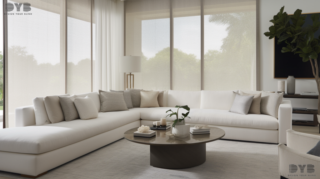 Boynton Beach living room with screen shades, a perfect blend of style and function.