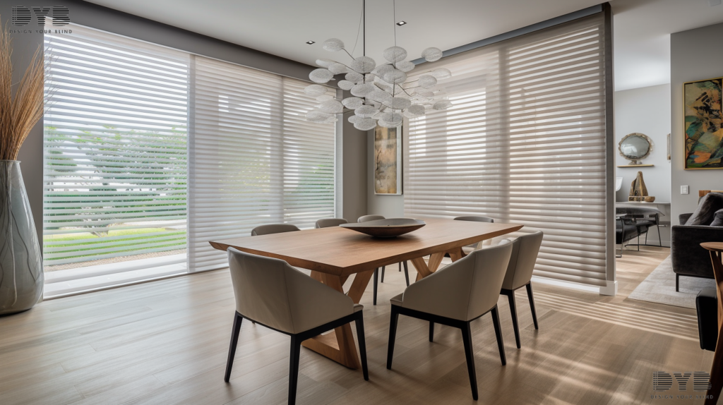 A dining room in West Palm Beach with Fauxwood Blinds, adding a touch of elegance
