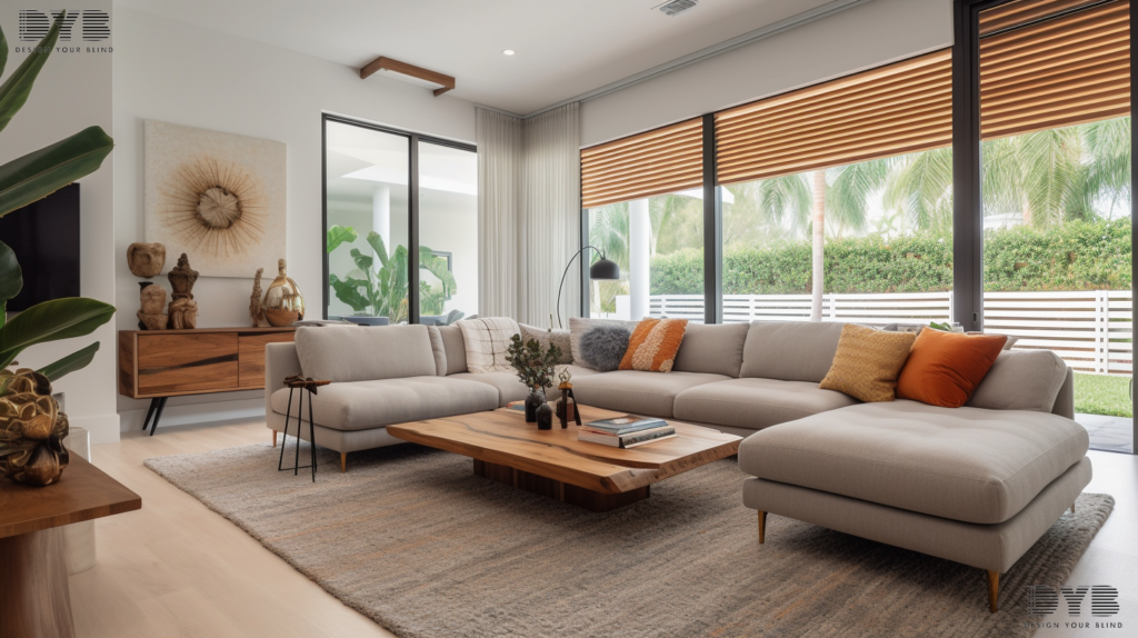 A modern living room in Lighthouse Point, FL, with Blackout Curtains, a plush sectional sofa, a reclaimed wood coffee table, and a view of a backyard with pool.
