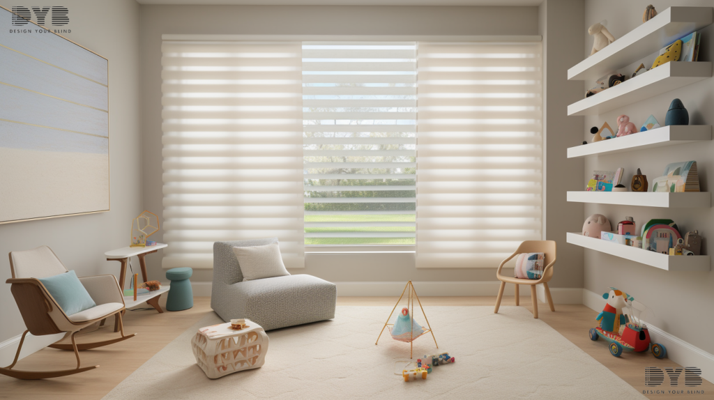 Boca Raton playroom with Zebra Shades and a backyard view.