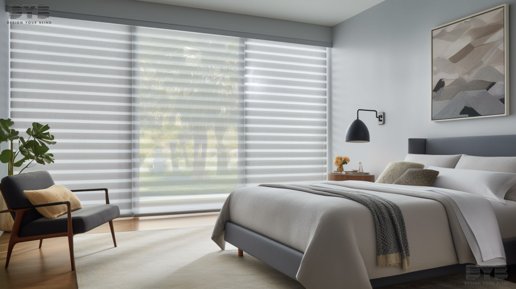 Delray Beach bedroom with Pirouette Shades featuring a canal view