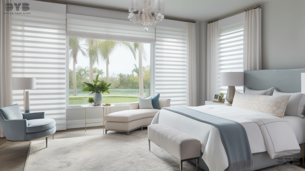 A Delray Beach bedroom with Pirouette Shades overlooking the Intercoastal Waterway