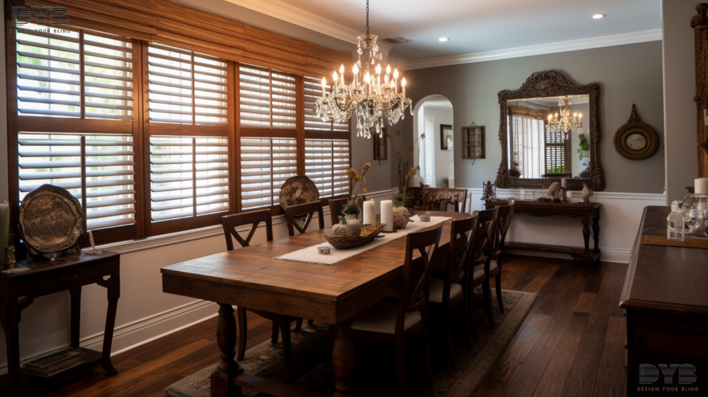 A Delray Beach dining room with Fauxwood Blinds.