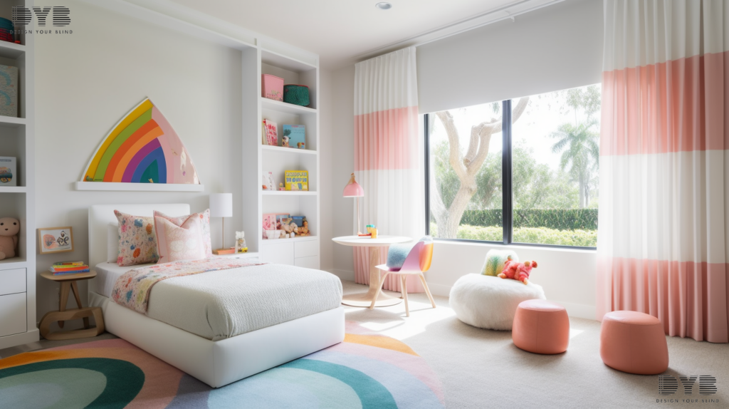 A Delray Beach Kids Bedroom with Pirouette Shades overlooking a golf course