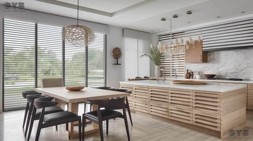Boca Raton kitchen with Zebra Shades overlooking a backyard.