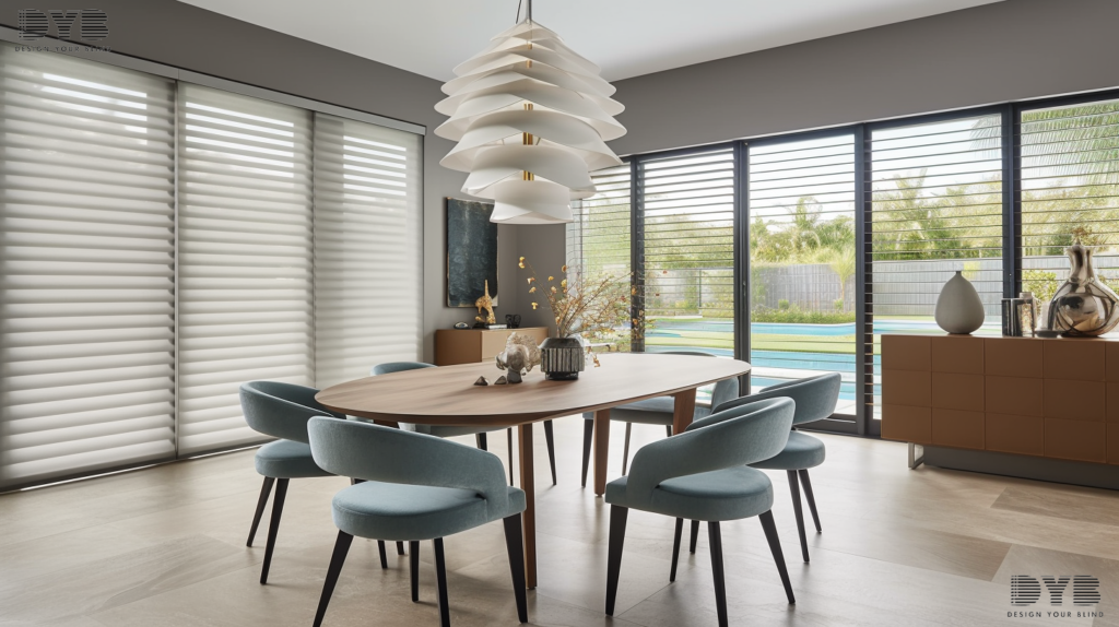A Delray Beach Casual Dining Room with Pirouette Shades overlooking a backyard pool