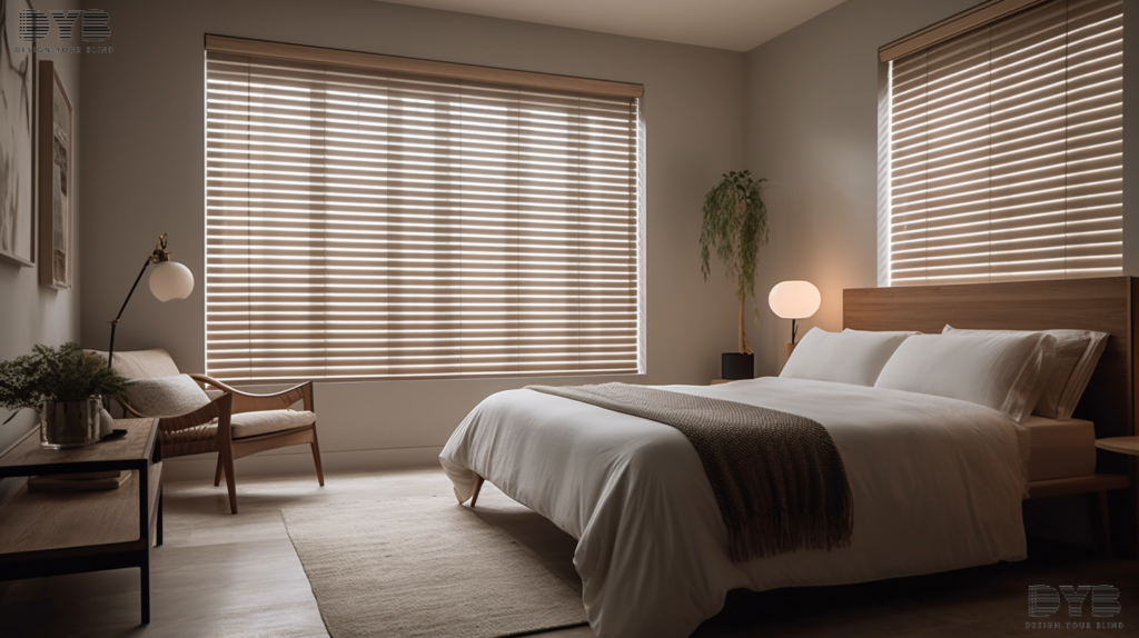 A West Palm Beach bedroom with Fauxwood Blinds, creating a peaceful retreat