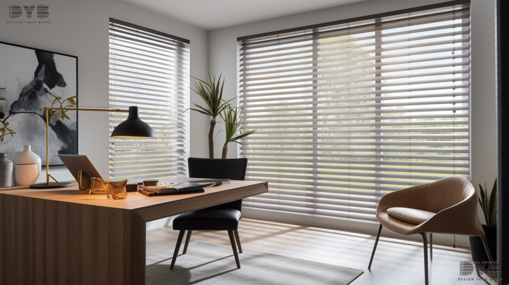 A home office in West Palm Beach with Fauxwood Blinds, enhancing productivity