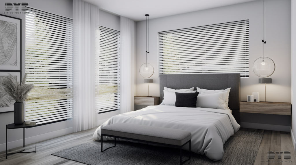 A Highland Beach bedroom with Fauxwood Blinds.