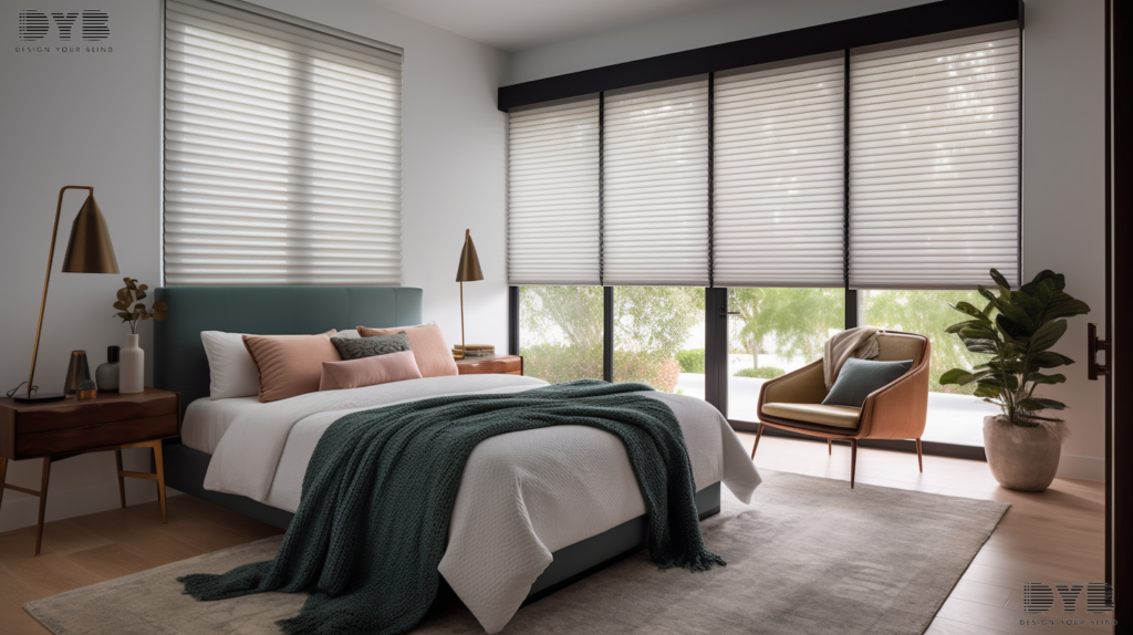 A modern guest bedroom in Lighthouse Point, FL, featuring Honeycomb Shades, a plush bed, and a view of a lush garden.
