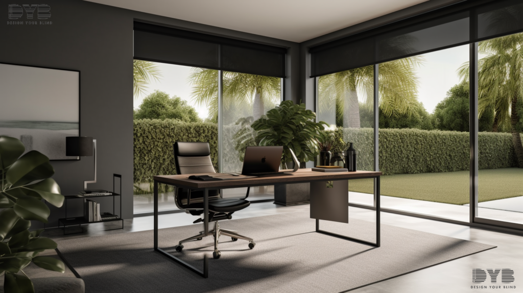 Modern home office in Boynton Beach with screen shades, a perfect blend of style and function.