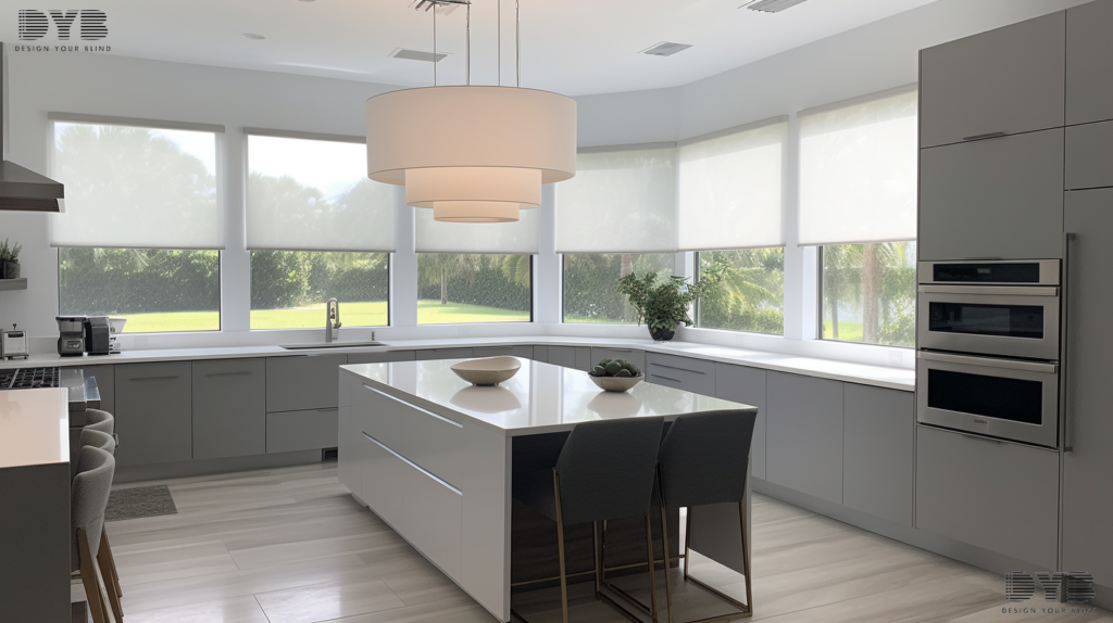 Modern kitchen in Boynton Beach with screen shades, a perfect blend of style and function.