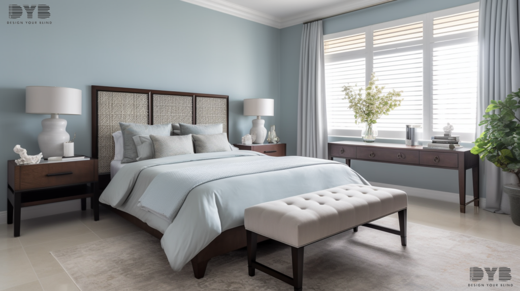 Serene master bedroom in Boynton Beach with screen shades, a perfect blend of style and function.