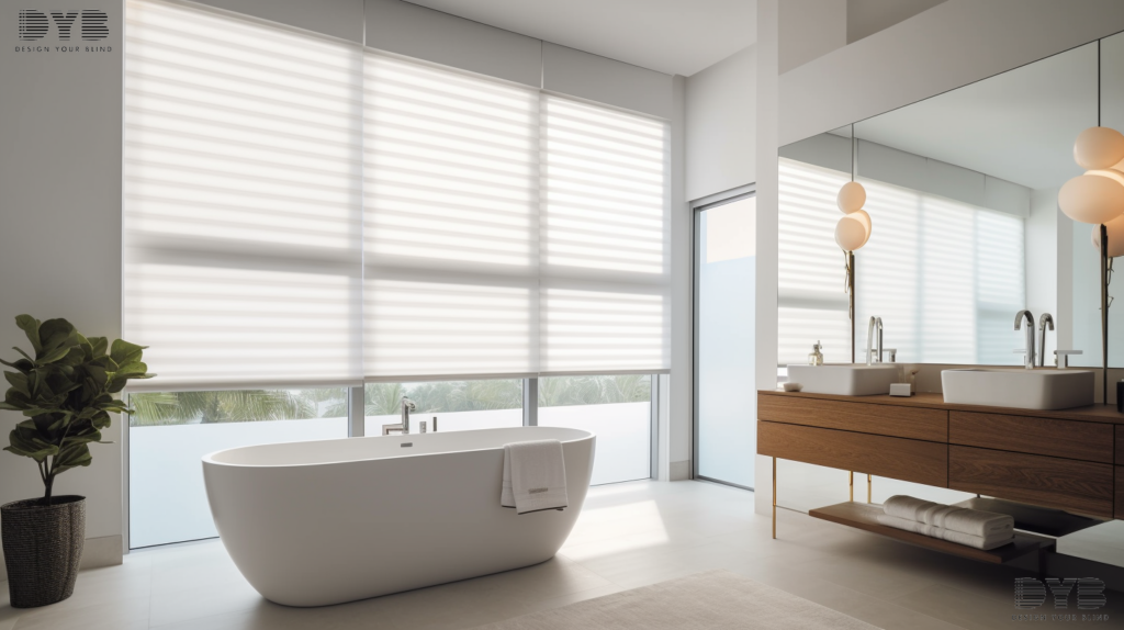 A modern bathroom with motorized Roman Shades in West Palm Beach, Florida.